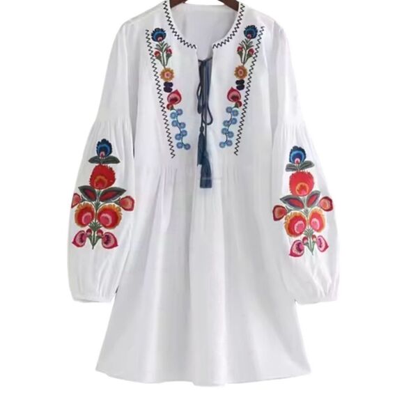 Embroidered Mini Babydoll Dress/Tunic w Balloon Sleeves & Tassel Ties - Picture 1 of 5